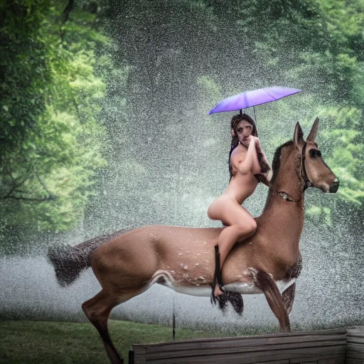 Image similar to 4 k hdr wide angle detailed portrait of a beautiful instagram model woman showering riding mounted on top of a wild deer in a rain shower during a storm with thunder clouds overhead and moody stormy lighting sony a 7