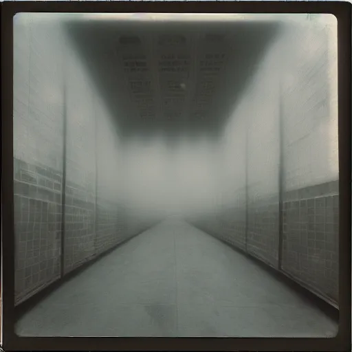 Image similar to interior of a concrete megastructure, foggy, old polaroid, expired film, megalophobia,