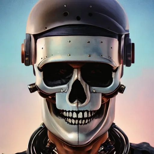 Prompt: a portrait of an cyborg vintage skull in a racing helmet by sandra chevrier, detailed render, epic composition, cybernetics, 4 k realistic, cryengine, realistic shaded lighting, sharp focus, masterpiece, by matteo scalera, gary montalbano, peter elson in the style of the tokyo ghost comic