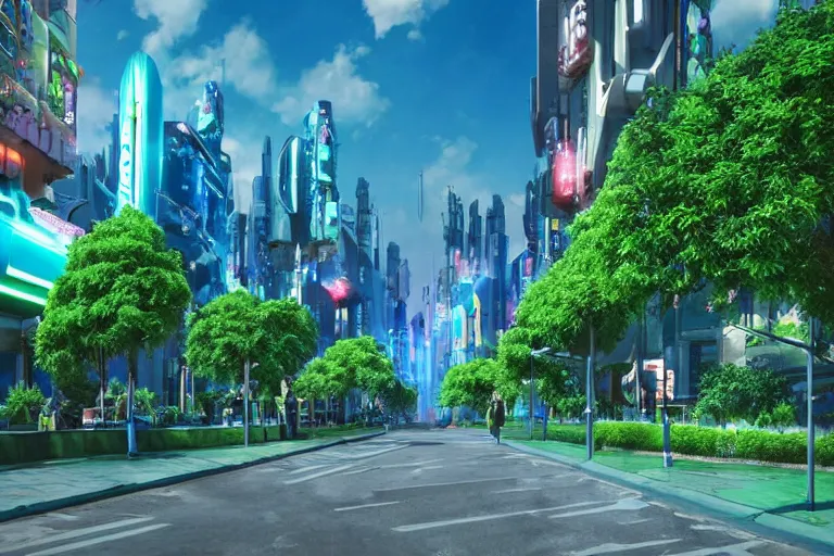 Prompt: an ultra realistic cinematic wideangle photograph of a utopian futuristic city street, green plants, blue sky, beautiful lighting, ultra realistic, movie still, futuristic utopia, ultra realistic