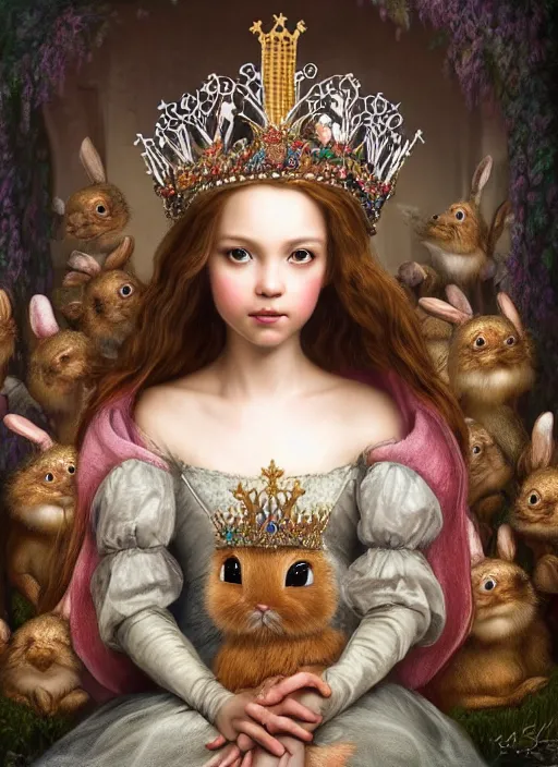 Image similar to highly detailed closeup portrait of a fairytale medieval princess wearing a crown and sitting on a throne, surrounded by cute bunnies, unreal engine, nicoletta ceccoli, mark ryden, earl norem, lostfish, global illumination, god rays, detailed and intricate environment