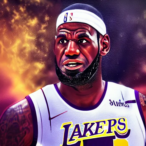 portrait of lebron james purple background yellow, Stable Diffusion