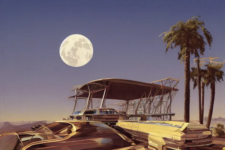 Image similar to broken robot | abandoned motel | palm trees | snowy mountains | moon in sky, painting by syd mead and weta studio and moebius and james jean and frank frazetta, highly detailed, rule of third, soft lighting, architectural magazine, beautiful detailed, insanely intricate details, artstation trending, hypermaximalistic, high details, cinematic