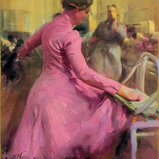 Prompt: a anders zorn painting of the horrors of a woman wearing pink camouflage in walmart