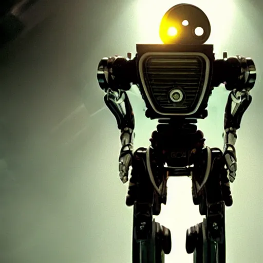 Image similar to movie still of robot bruno mars, cinematic composition, cinematic light, criterion collection, by edgar wright