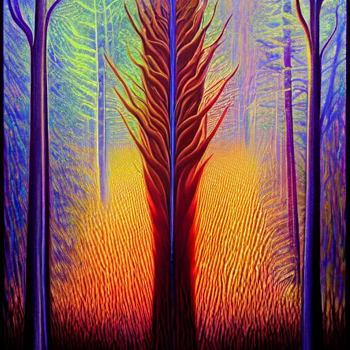 Image similar to painting of the master of light and energy in dense foggy forest by Alex Grey, acrylic art, ethereal, soothing, somber, elegant, warm light, cozy, glows,