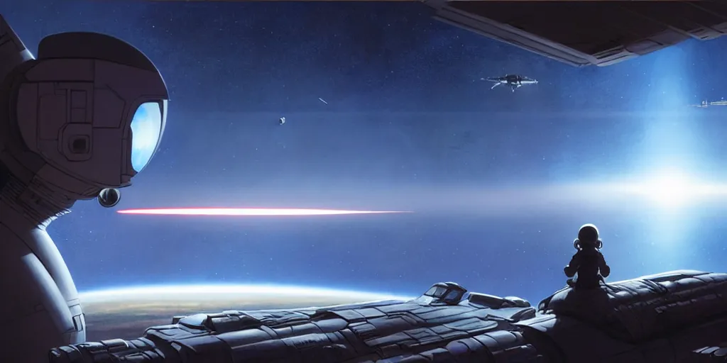 Prompt: hyper realistic sci - fi matte concept art painting of a young spaceship pilot watching a satellite shoot a laser at earth from her window, brightly lit!, beautiful details, strong composition painted by kim jung guweta studio rutkowski, james gurney and greg rutkowski, and lucasfilm, smooth, intricate, detailed, sharp focus, cinematic