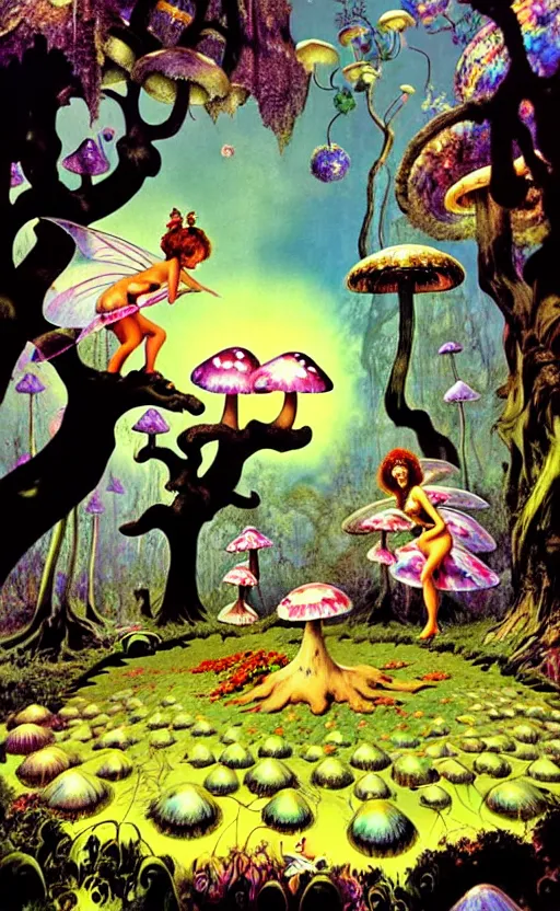 Image similar to psychedelic fairies in an enchanted forest with mushrooms on the ground wide angle shot, white background, vector art, illustration by frank frazetta and salvador dali