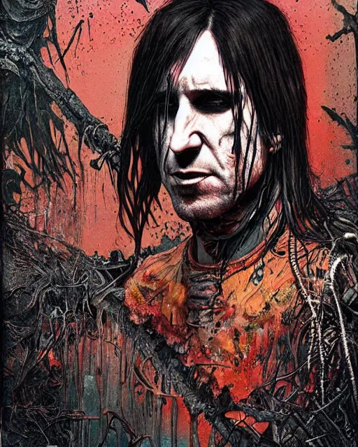 Prompt: trent reznor with long hair as a decaying zombie, horror, high details, bright colors, striking, intricate details, by vincent di fate, artgerm julie bell beeple, 1 9 8 0 s, inking, vintage 8 0 s print, screen print