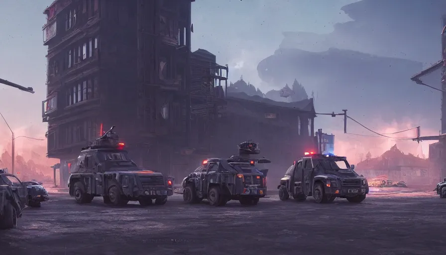 Prompt: a militarized police vehicle riding through an orwellian town, police searching the area, action scene, an epic fantasy, dramatic lighting, cinematic, establishing shot, extremely high detail, photorealistic, cinematic lighting, artstation, octane render, by simon stalenhag, horizon forbidden west