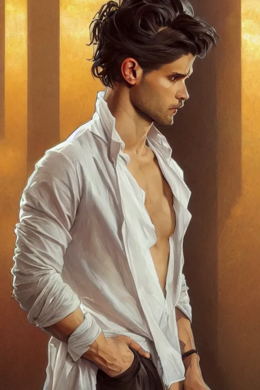 Image similar to full body portrait of a single beautiful young fit man, modern haircut, open shirt, large pants, by greg rutkowski and alphonse mucha, d & d character, in front of a modern room background, highly detailed portrait, digital painting, artstation, concept art, smooth, sharp focus ilustration, artstation hq