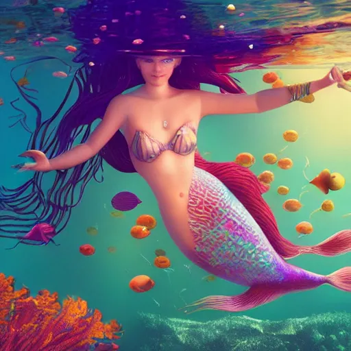 Image similar to a beautiful full body portrait of a swimming mermaid, half woman half betta fish, surrounded by colorful jellyfishes by James C Christensen, underwater, cinematic lighting, 4K, octane render, deviantart, wide angle