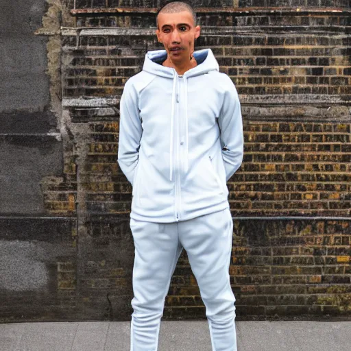 Prompt: skinny mixed race man wearing a tracksuit with trousers that show his pants in london
