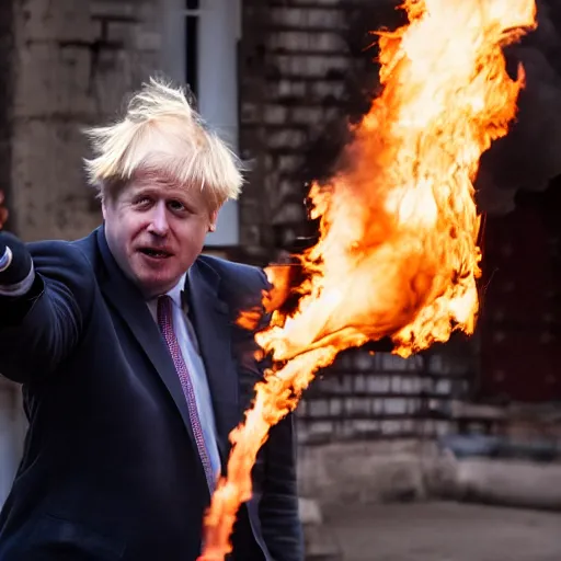 Image similar to Boris Johnson Weilding A flamethrower, firing it into a building, medium shot photo 8k ultrahd