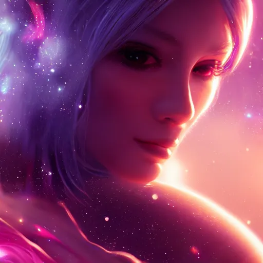 Image similar to beautiful girl galaxy background, character concept style trending on artstation concept art detailed octane render cinematic photo-realistic 8k high detailed