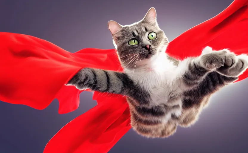 Image similar to cat with a red cape flying through the sky in a superman pose