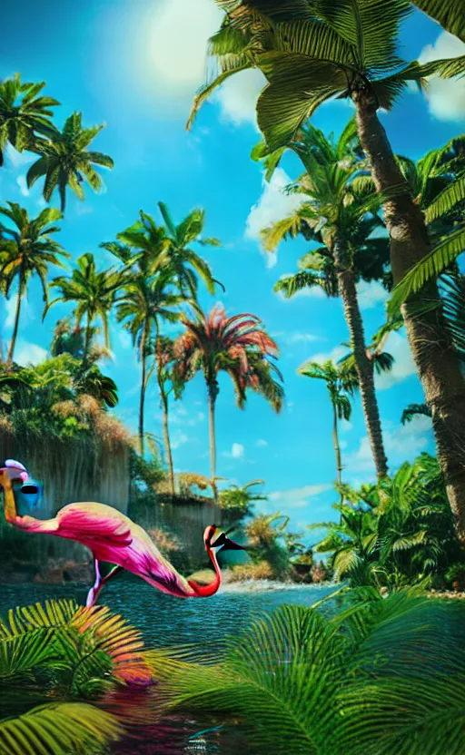 Image similar to unreal engine 5 8 k uhd render of an flamingocore tropicalwave junglepunk abstrafractalmancer, photorealistic, animal photography, photo safari, fashion shoot, lush tropical surroundings, volumetric lighting, sunlight, 1 0 5 mm lens