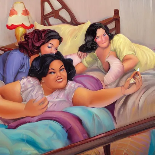 Image similar to stunning, coherent, beautiful painting, still of a group of bbw women taking a picture of each other posing in the same bed , they are all laying down , 3d, in the style of pixar, comic book cover, 3d, highly detailed, highly detailed, sharp focus, bokeh, depth of field, 16k resolution, Unreal Engine 5, coherent, cinematic lighting, photorealistic, by Zhang Jingna