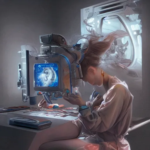 Image similar to hyperrealistic photography of a machine entering a female host in the style of Jin Kagetsu, James Jean and wlop, highly detailed, sharp focus, intricate concept art, digital painting, ambient lighting, 4k, artstation