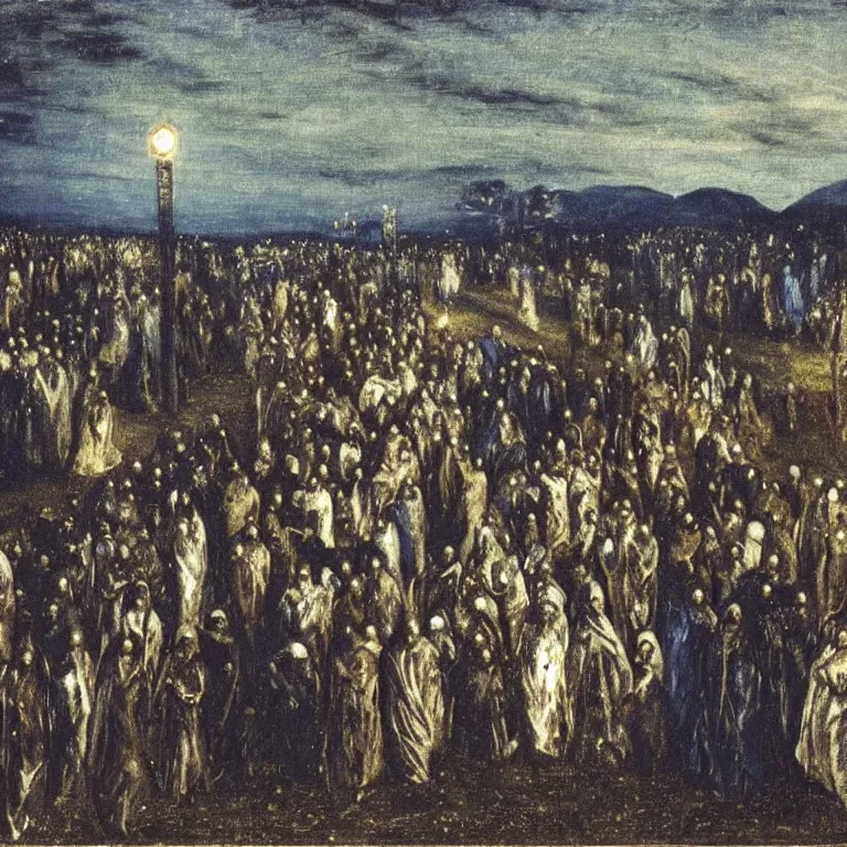 Prompt: A Holy Week procession of souls in a Spanish landscape at night. A figure at the front holds a cross. El Greco, John Atkinson Grimshaw. Blue tint.