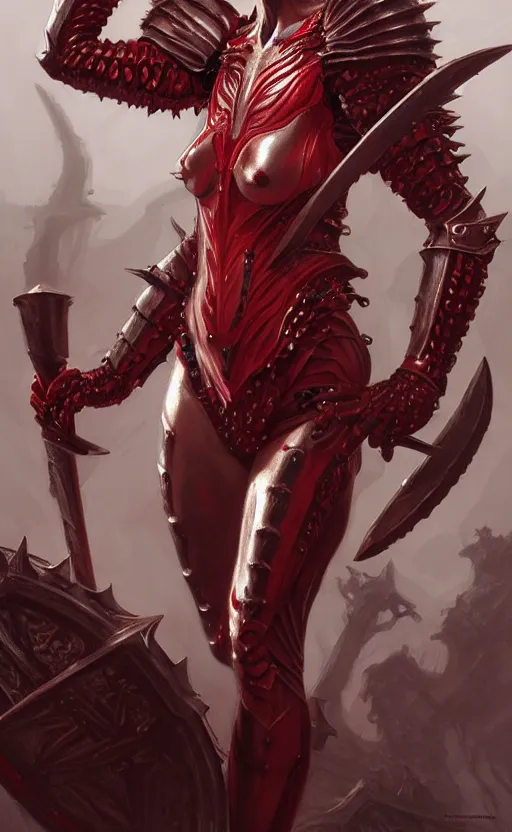 Image similar to Gothic crustacean muscular masculine-featured warrior queen in red and white chitin armor, fantasy, highly detailed, digital painting, artstation, concept art, smooth, sharp focus, illustration, art by artgerm and greg rutkowski and alphonse mucha