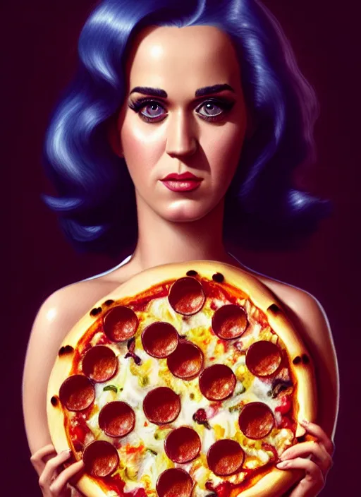 Prompt: portrait of katy perry eating pizza, intricate, elegant, glowing lights, highly detailed, digital painting, artstation, concept art, smooth, sharp focus, illustration, art by wlop, mars ravelo and greg rutkowski