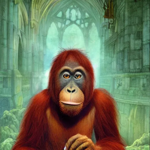 Prompt: Orangutan as a grumpy Libarian in Hogwarts, School of Witchcraft and Wizardry, detailed, hyperrealistic, colorful, cinematic lighting, digital art, illustration from a Harry Potter book by Paul Kidby and Jim Kay