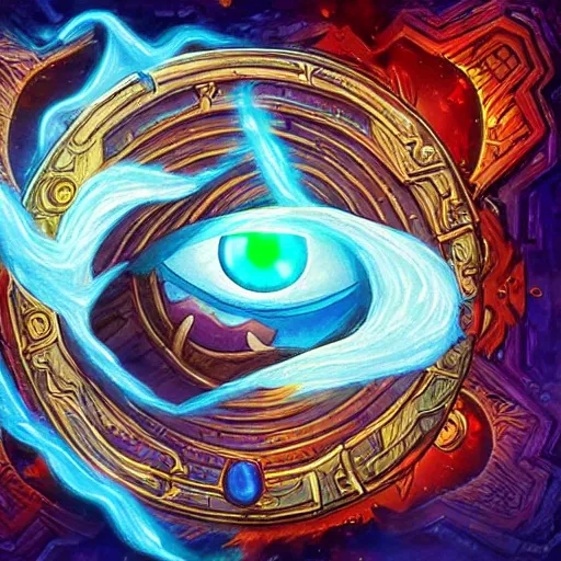 Image similar to giant eye magic spell, magic spell surrounded by magic smoke, some floating magic cards in the background, hearthstone coloring style, epic fantasy style art, fantasy epic digital art