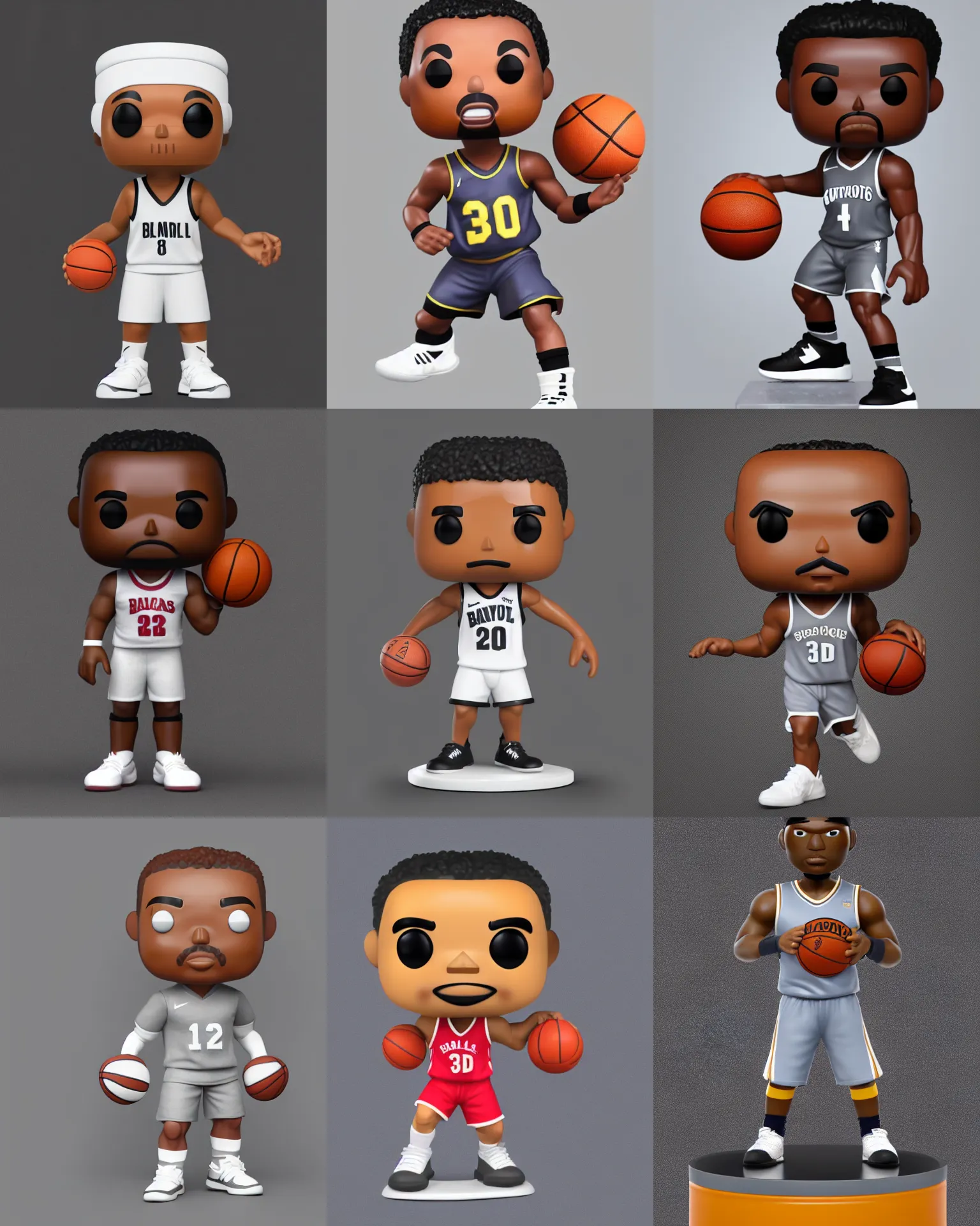 Prompt: full body 3 d render of a basketball player as a funko pop!, studio lighting, grey background, single body, no shadow, blender, trending on artstation, 8 k, highly detailed