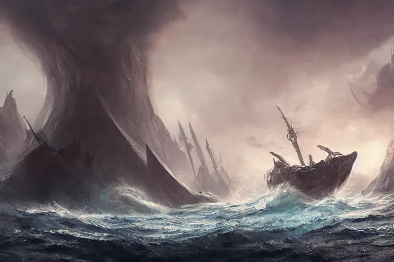 Prompt: Scylla and Charybdis, The Argo, Ancient Greek Trireme, Plows through storm tossed ocean waves, enormous Krakens, threaten from a rocky caves, the air is alive with rain lighting and fear by Jessica Rossier and HR Giger cinematic concept painting