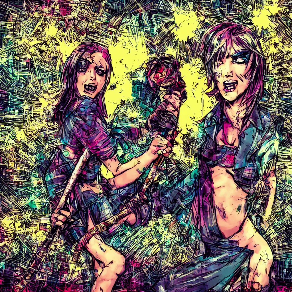 Prompt: punk girl with a spiked baseball bat, hdr, vibrant colors, comic book art