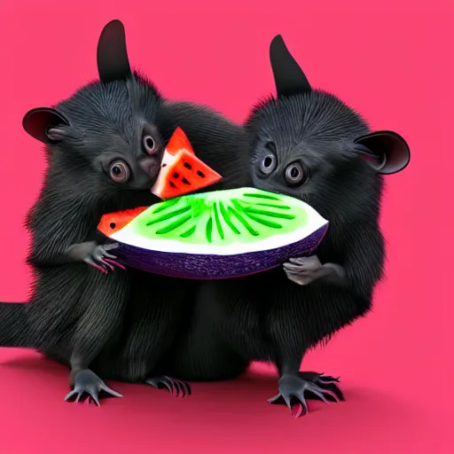 Image similar to cute kawaii realistic fruit bat eats a watermelon piece, digital art, vector illustration, shutterstock, high quality, illustration, art, detailed, 3 d render, sticker,