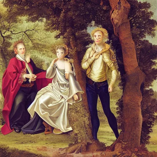 Prompt: A three humans under a tree, baroque style.