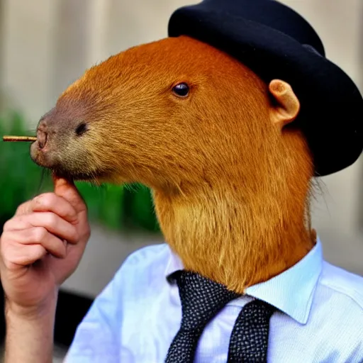 Image similar to smoking cigar, a man wearing a suit capybara head wearing a hat (smoking cigar)