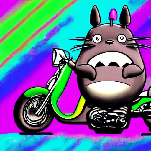 Image similar to totoro riding a motorbike on a synthwave background. Colorful neon artwork