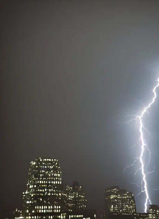 Image similar to a 2 8 mm macro photo of lightning striking the top of a building in a city, long exposure, misty, night, splash art, movie still, bokeh, canon 5 0 mm, cinematic lighting, dramatic, film, photography, golden hour, depth of field, award - winning, anamorphic lens flare, 8 k, hyper detailed, 3 5 mm film grain