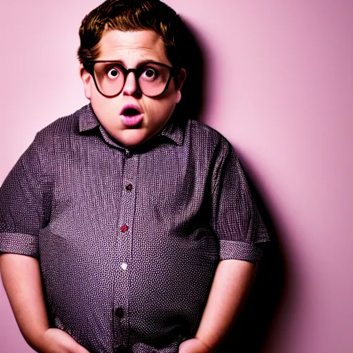 Image similar to 4 k editorial photograph of down syndrome midget jonah hill, sharp focus, soft lighting, edge lighting, studio portrait, 1 3 mm film color grading