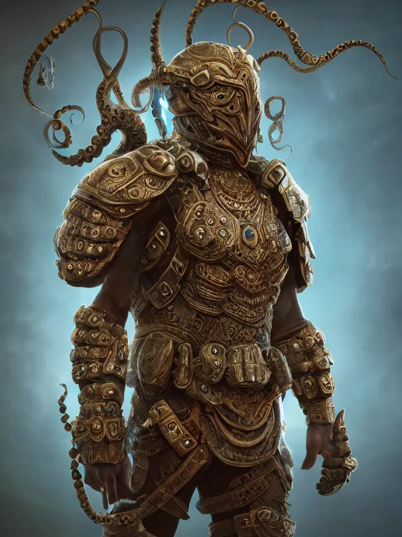 Prompt: full body frontview portrait of warrior wearing octopus armour, character, designed in blender, 4 k hd, octane render, intricate and highly detailed, coloured with lots of colour, cinematic, posing,