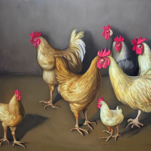 Image similar to chickens putting human beings in coops, oil painting, hyper realistic