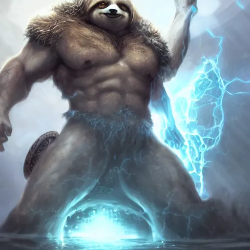 Image similar to portrait of sloth as zeus the god of thunder, league of legends amazing splashscreen artwork, gears of war, splash art, natural light, elegant, photorealistic facial features, intricate, fantasy, detailed face, atmospheric lighting, anamorphic lens flare, cinematic lighting, league of legends splash art, hd wallpaper, ultra high details by greg rutkowski