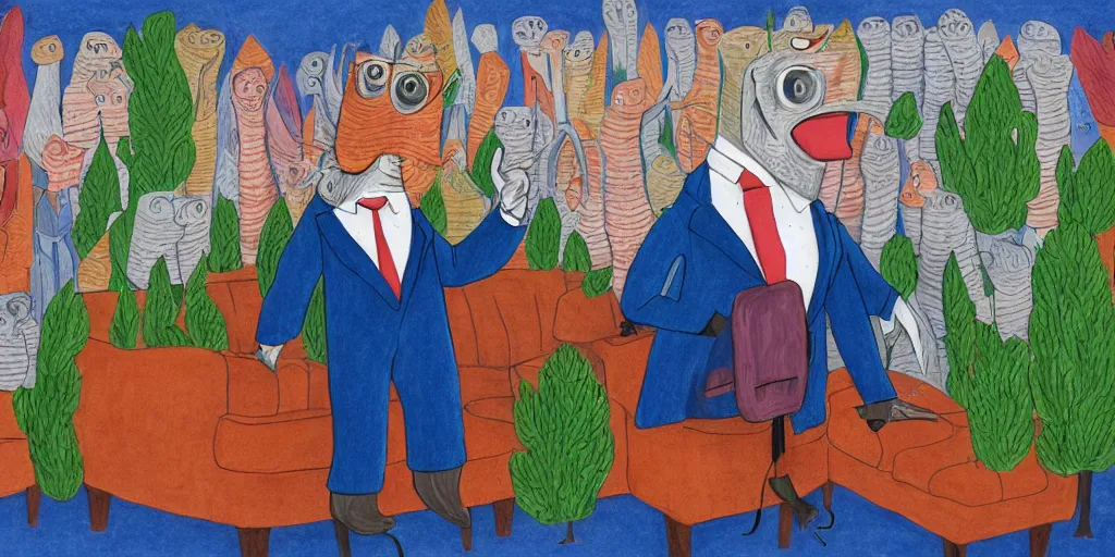 Image similar to an anthropomorphic catfish wearing a suit giving a thumbs up, by lisa hanawalt, by wanda gag