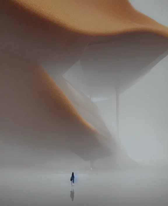 Prompt: surreal epic, masterpiece, romantic iris van herpen building, ancient ochre palette, impossible architecture by ruan jia, mecha floor, futuristic, blame, white architecture in the beach in iceland, foggy, highly detailed, digital painting, arstation, concept art, hyperealistic octane render, unreal engine