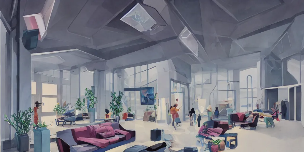 Image similar to a beautiful illustration of futuristic interior hall, lots of furniture, sofa, waiting room, big medium small, sacred geometry, golden ratio, in watercolor gouache detailed paintings, in style of syd mead, trending on artstation,8k, panel, hard surface, vent, zaha hadid, props, plant, cozy,decoration around the room, simon stalenhag, deus ex