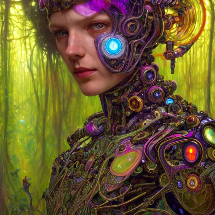 Image similar to bright psychedelic portrait of intelligent organic cyborg in an ancient forest, diffuse lighting, fantasy, intricate, elegant, highly detailed, lifelike, photorealistic, digital painting, artstation, illustration, concept art, smooth, sharp focus, art by John Collier and Albert Aublet and Krenz Cushart and Artem Demura and Alphonse Mucha