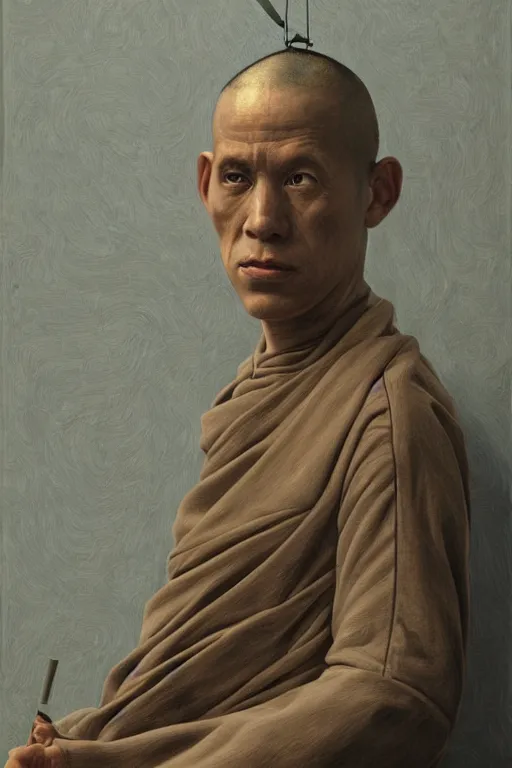 Image similar to robot monk painting a self - portrait on a canvas. intricate, highly detailed, photorealistic, film still, by vdragan bibin.