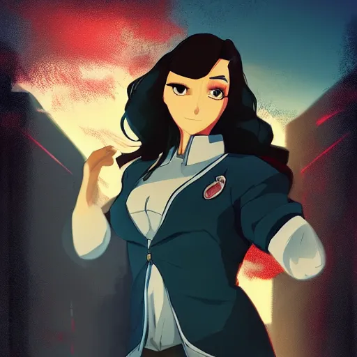 Image similar to “asami sato from the legend of korra, dieselpunk city, evening time, ambient lighting, 4k, anime key visual, lois van baarle, ilya kuvshinov, rossdraws, artstation”