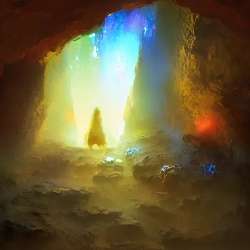 Prompt: a beautiful cave illuminated by shiny crystals of various colours, dark, by craig mullins