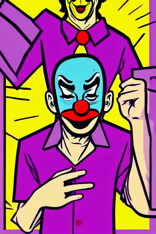 Prompt: display twitter guy wearing an blouses with clown mask. pop art, gta vice city art style, symmetrical, sharp focus, illustration, intecrate details, confident posse, art by mark millar and richard hamilton and mimmo rottela