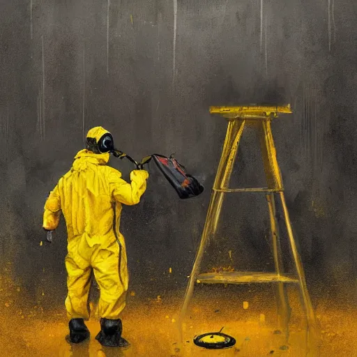 Prompt: a painting of a man in a yellow bio hazard suit holding a bucket and looking at monster spider, poster art by jakub rozalski, trending on artstation, nuclear art, apocalypse art, dystopian art, poster art