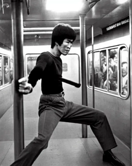 Image similar to bruce lee demonstrates using his nunchucks while riding a subway train